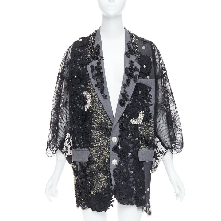 ANTONIO MARRAS black grey fleece wool embellished kimono blazer coat