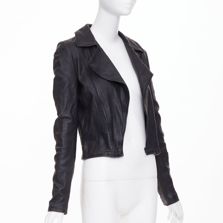 THE ROW 2017 black crinkled lambskin leather minimal biker jacketl XS