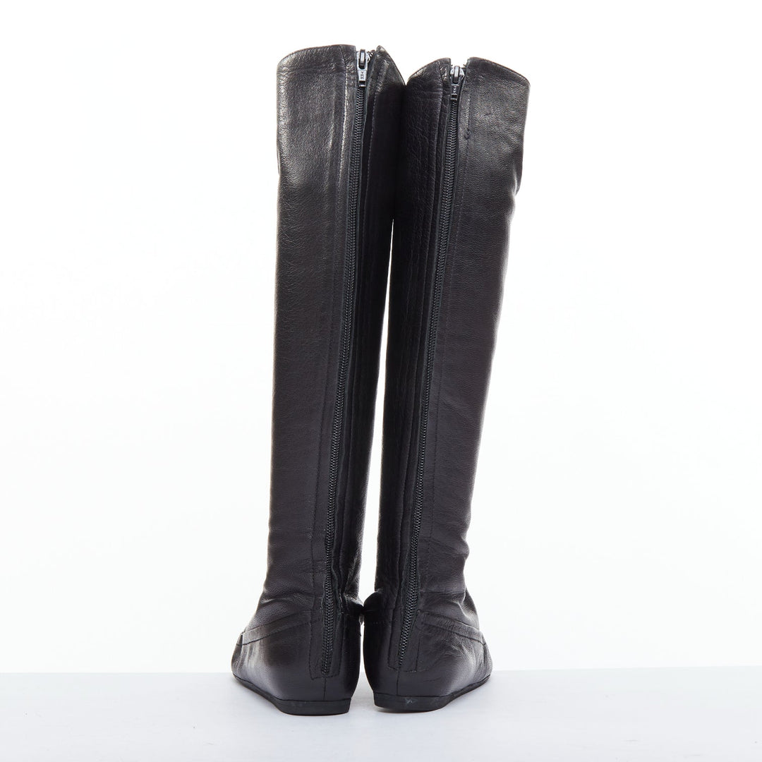 LANVIN black soft leather round toe panelled flat long boots