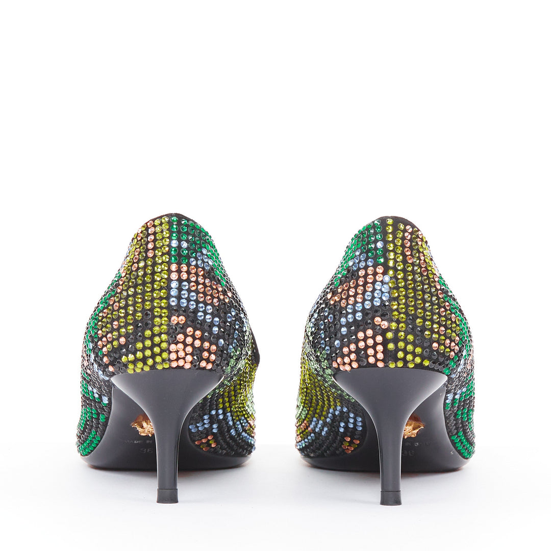 VERSACE 2015 Palazzo camouflage green rhinestone crystal Medusa pumps EU36 US6