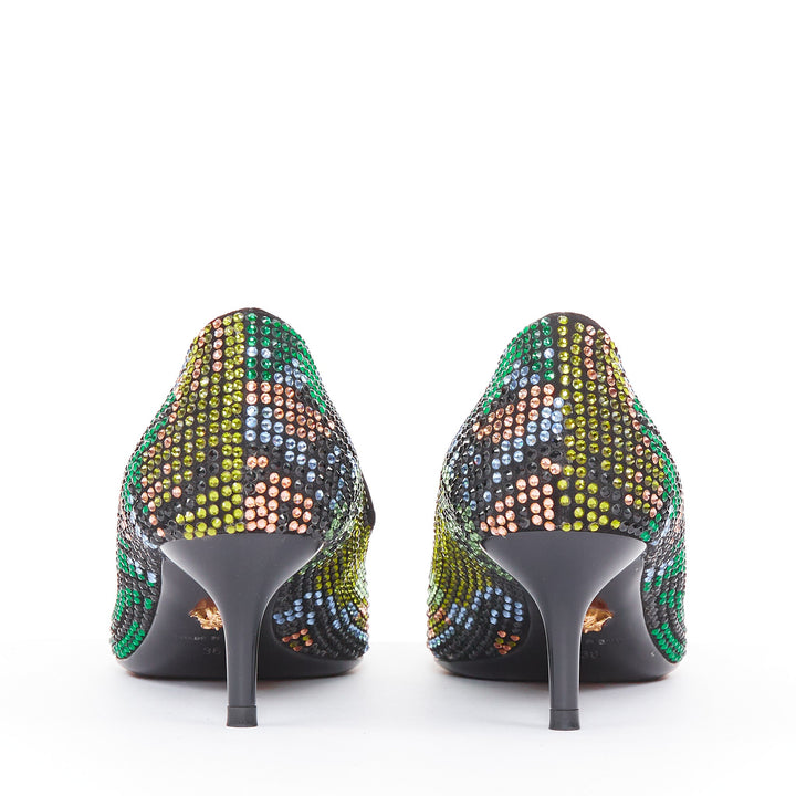 VERSACE 2015 Palazzo camouflage green rhinestone crystal Medusa pumps EU36 US6