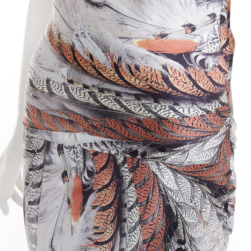 ROBERTO CAVALLI Vintage silk steel grey brown feather print drape gown dress XS