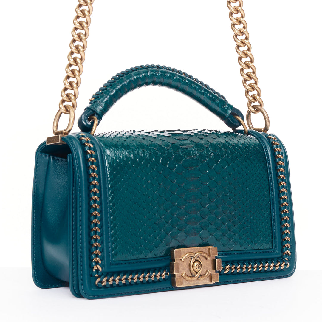 CHANEL Le Boy 25 petrol blue exotic python leather antique gold crossbody bag