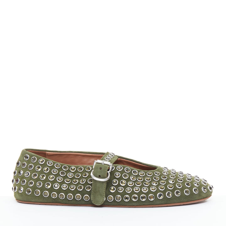 ALAIA 2023 La Ballerine Vert Foret green suede crystal buckle maryjane EU37.5