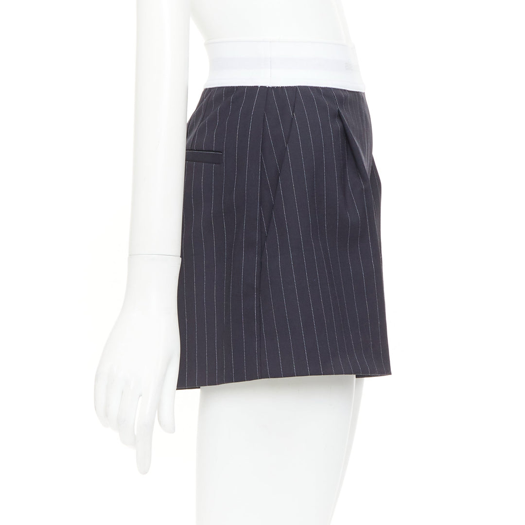 ALEXANDER WANG navy pinstripe white grey logo waistband shorts US0 XS