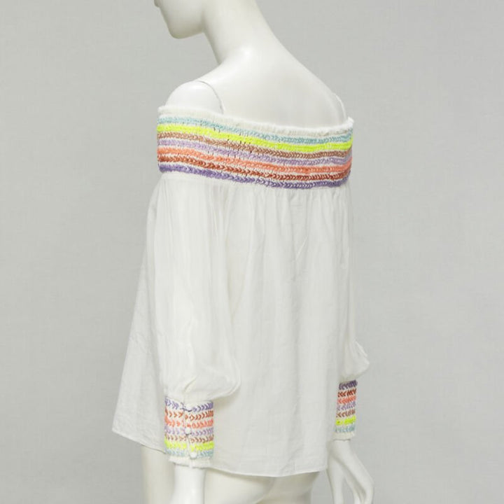 ALICE OLIVIA white cotton neon braid embroidery off shoulder top S