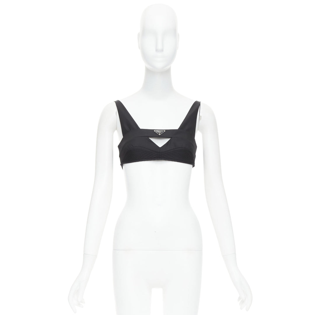 PRADA Re-Nylon black triangle logo cut out contour crop top bralette IT36 XS