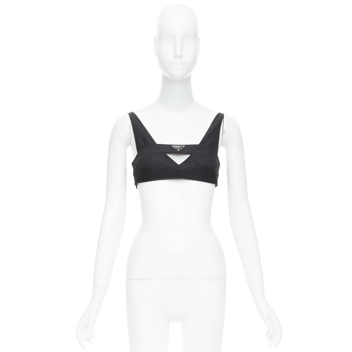 PRADA Re-Nylon black triangle logo cut out contour crop top bralette IT36 XS