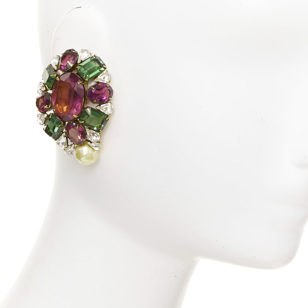 IRAJ MOINI purple green silver giant stones faux pearl clip on earrings Pair