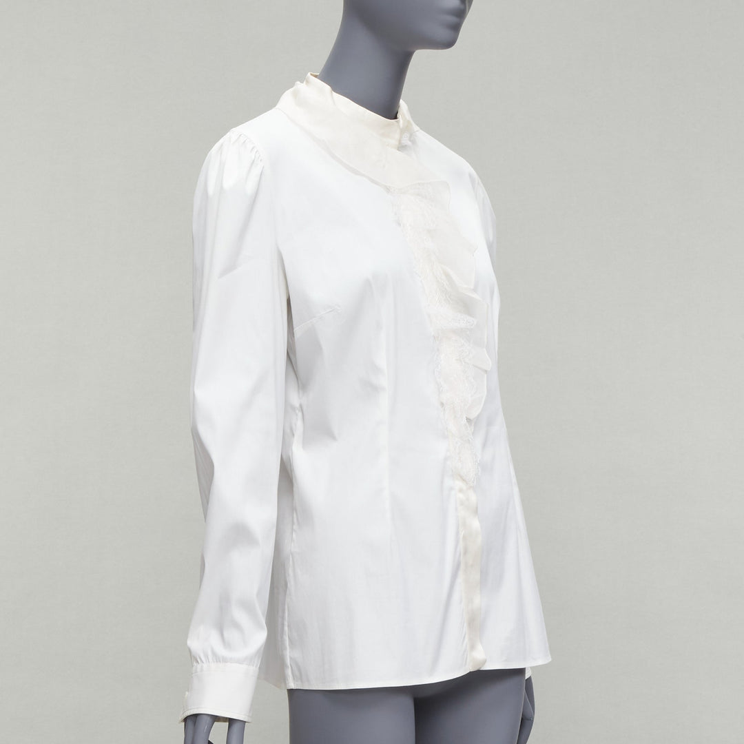 DOLCE GABBANA ivory lace ruffle collar long sleeve fitted dress shirt IT46 XL