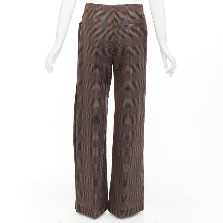 MONSE brown virgin wool checkered long gold belt wide leg pants US2 S