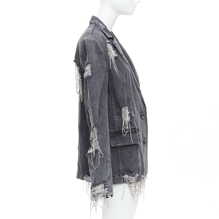 MARKGONG grey denim clear beads chain embellished blazer FR36 S