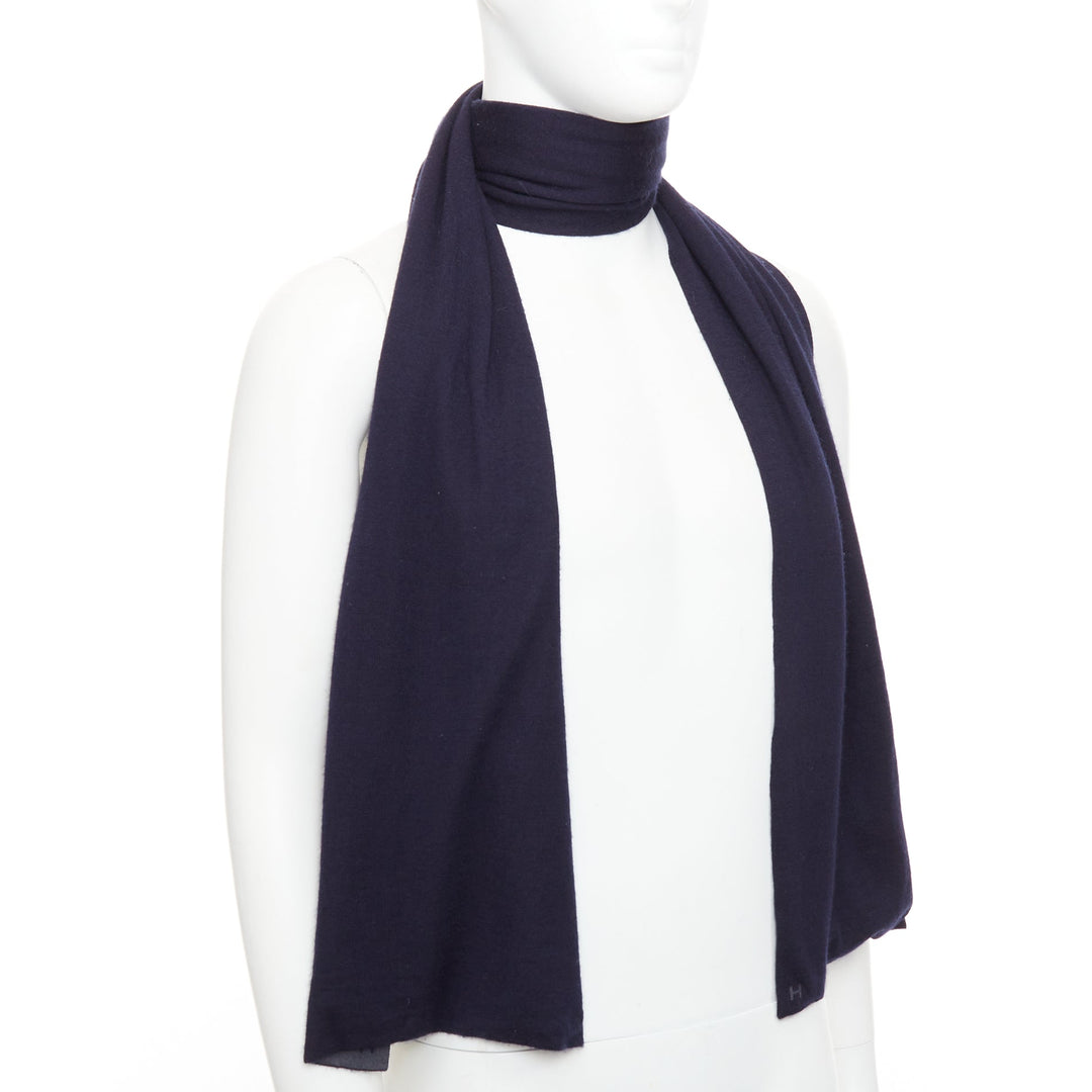HERMES navy grey cashmere silk reversible H anagram long jersey scarf