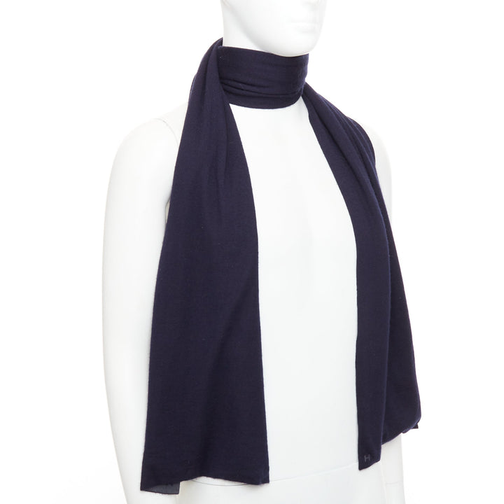 HERMES navy grey cashmere silk reversible H anagram long jersey scarf