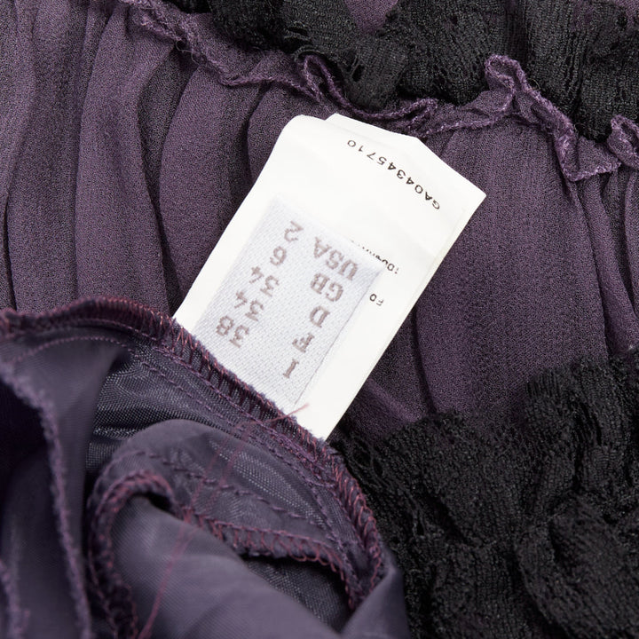 LANVIN Vintage purple silk black lace trim ruched waist sheer dress FR38 M
