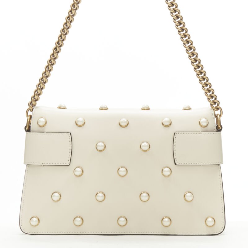 GUCCI Queen Margaret Embellished Bee pearl stud white flap crossbody bag