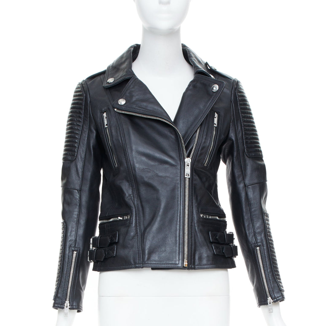 BURBERRY BRIT 2015 Loseley ribbed black cow grain leather moto jacket IT38 XS