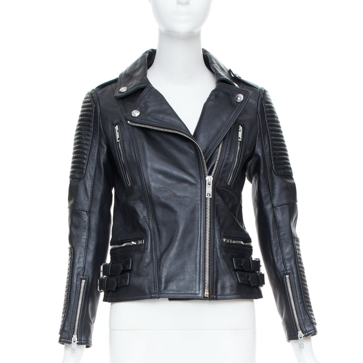 BURBERRY BRIT 2015 Loseley ribbed black cow grain leather moto jacket IT38 XS