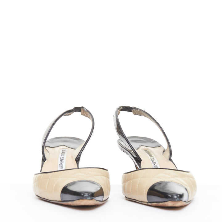 MANOLO BLAHNIK nude quilted leather stitch black toe cap slingback heel EU39
