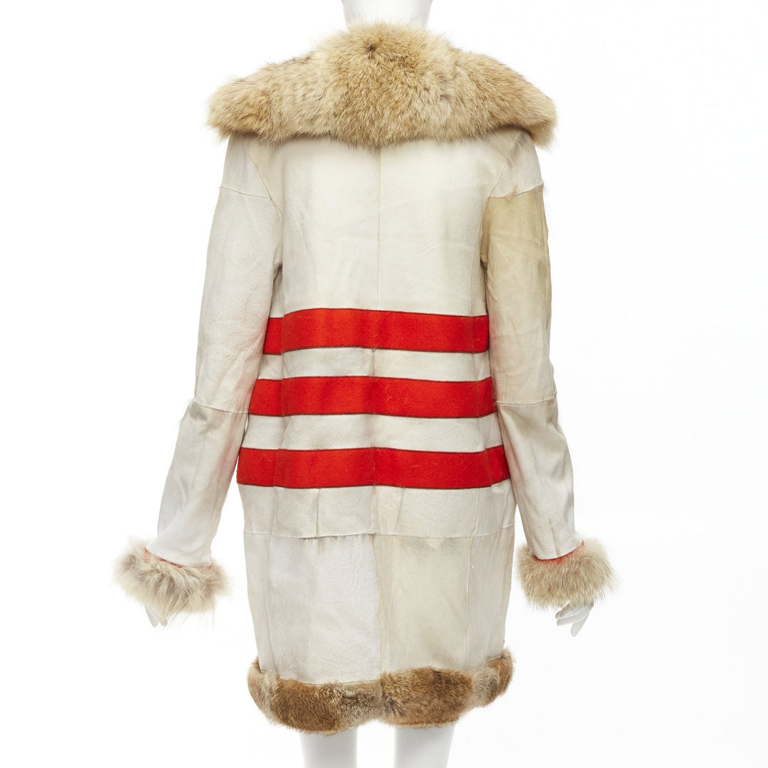 BALENCIAGA 2007 cream red 100% wool brown genuine fur lined longline coat FR36 S