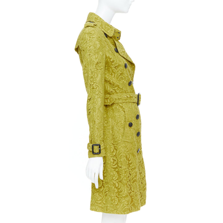 BURBERRY 2013 chartreuse mustard lime macrame lace double breasted trench UK6 XS