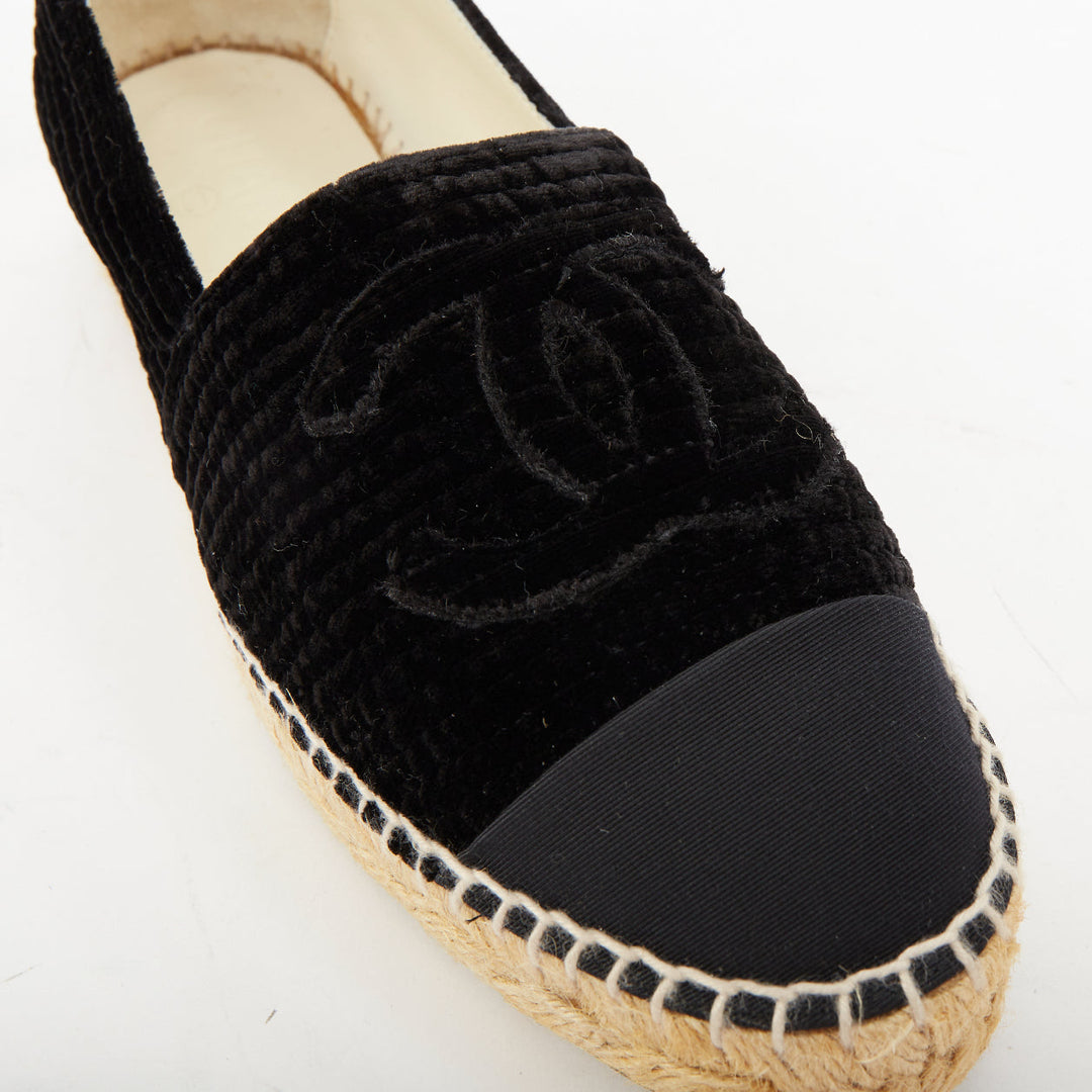 CHANEL black velvet grosgrain CC logo cap toe slip on flat espadrilles EU39