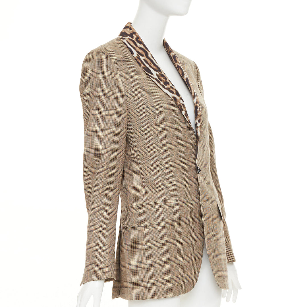 R13 2019 Runway Shawl brown wool leopard shawl collar check blazer S