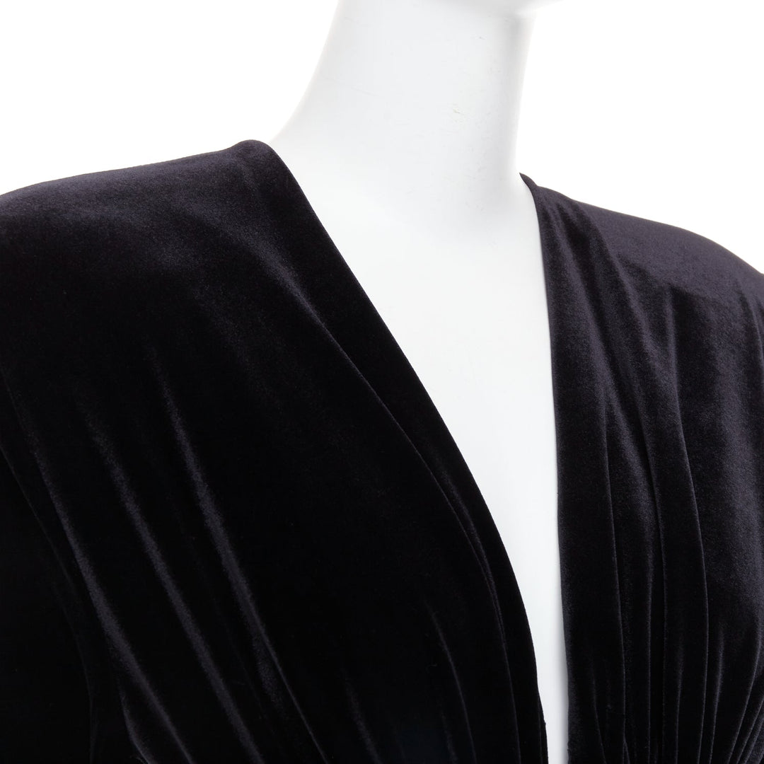 ALEXANDRE VAUTHIER black velvet Power shoulder padded wrap drape slit gown dress