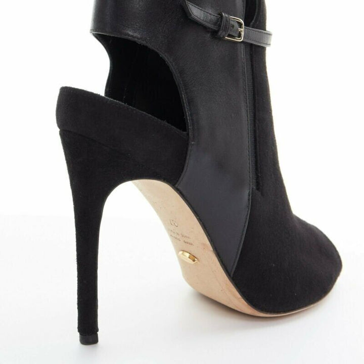 SERGIO ROSSI black suede leather strap buckle peep toe heel ankle bootie EU37