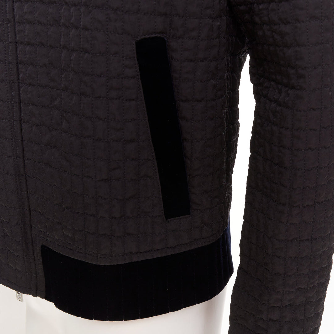 GIORGIO ARMANI black fine grid quilted nylon velvet trim zip up jacket IT46 S