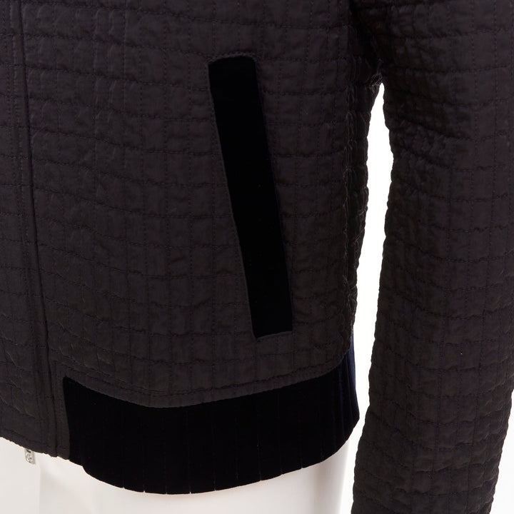 GIORGIO ARMANI black fine grid quilted nylon velvet trim zip up jacket IT46 S