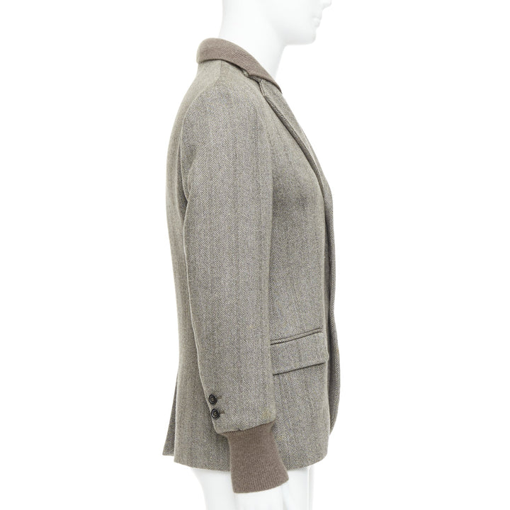 YVES SAINT LAURENT brown herringbone cashmere silk layered collar jacket FR48 M