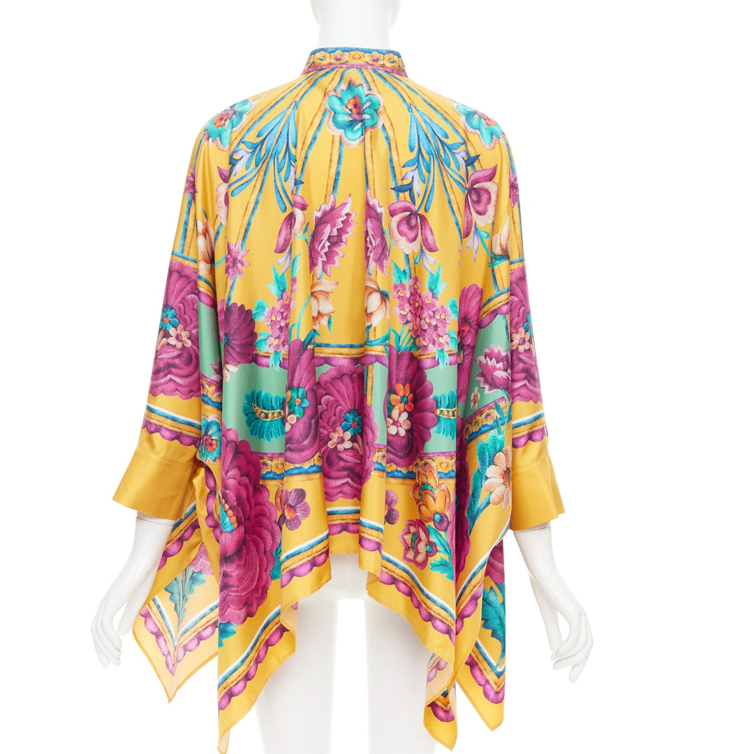 LE DOUBLE J Edition 36 Foulard 100% silk gold pink floral print kaftan shirt XS