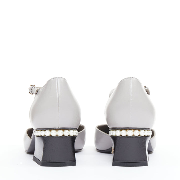 CHANEL 2022 grey leather pearl trimmed CC logo bicolor block heel pumps EU39.5