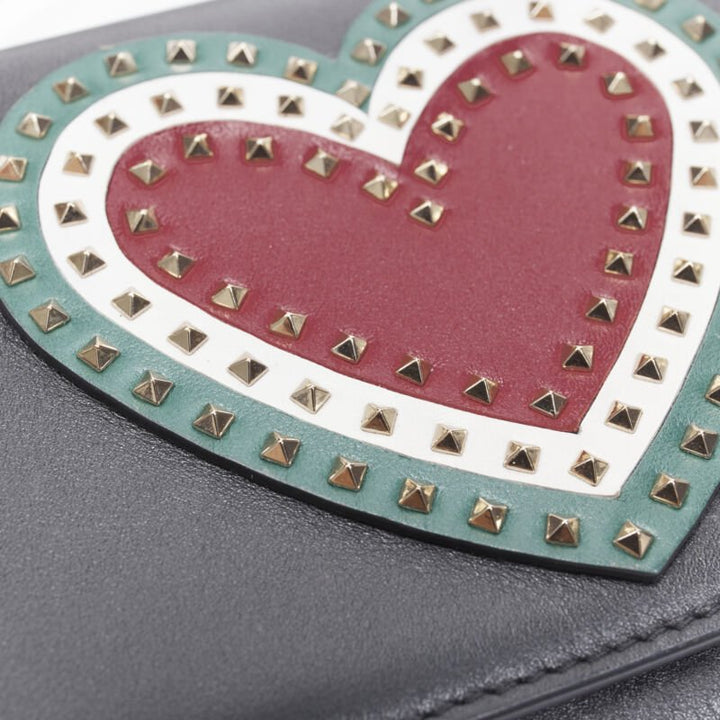 VALENTINO black leather Rockstud green red heart gold chain wallet clutch