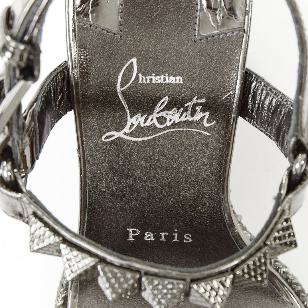 CHRISTIAN LOUBOUTIN Pyraclou 110 Anthracite silver studded espadrille wedge EU37