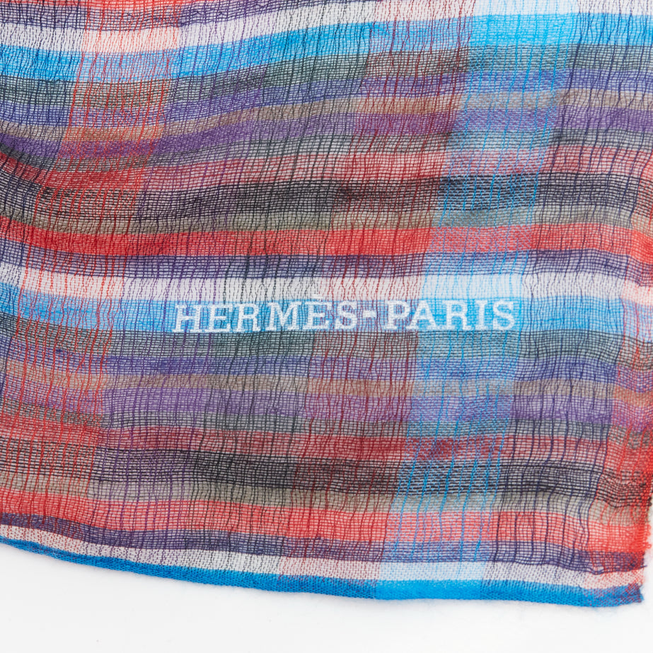 HERMES blue red checkered cashmere silk long wrap rectangular scarf