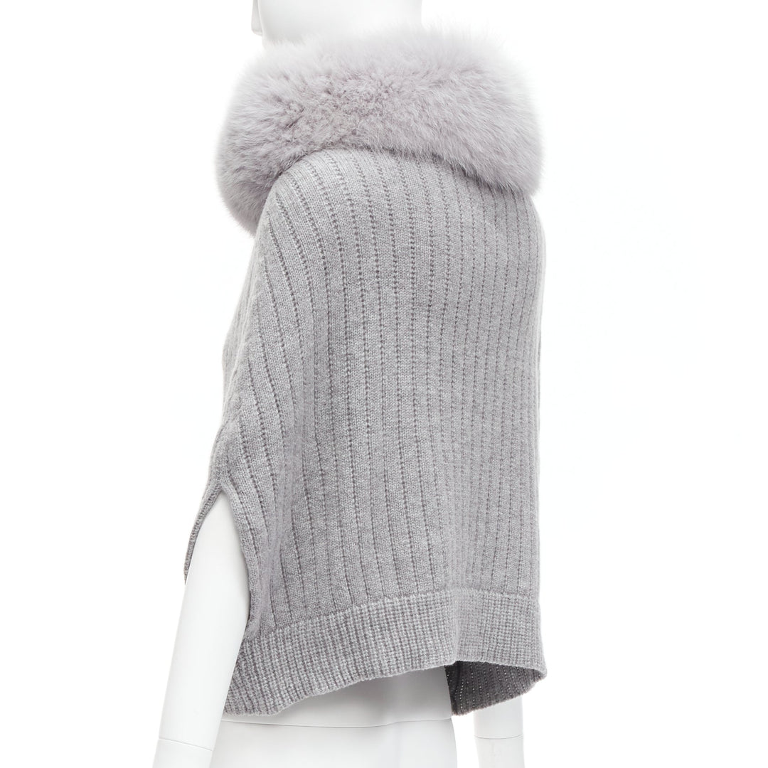 REGINA grey fur collar cashmere merino wool knitted poncho sweater