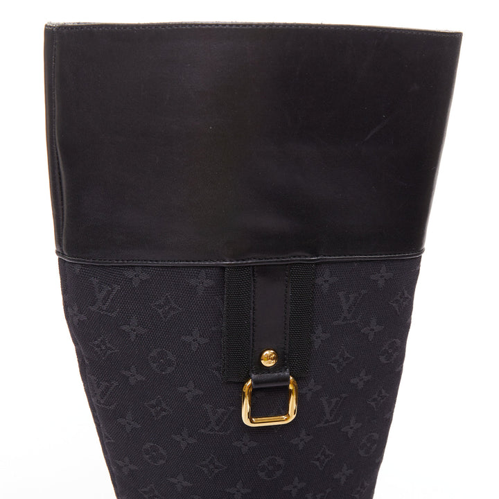 LOUIS VUITTON Mini Lin black monogram canvas saure toe riding boots EU37.5