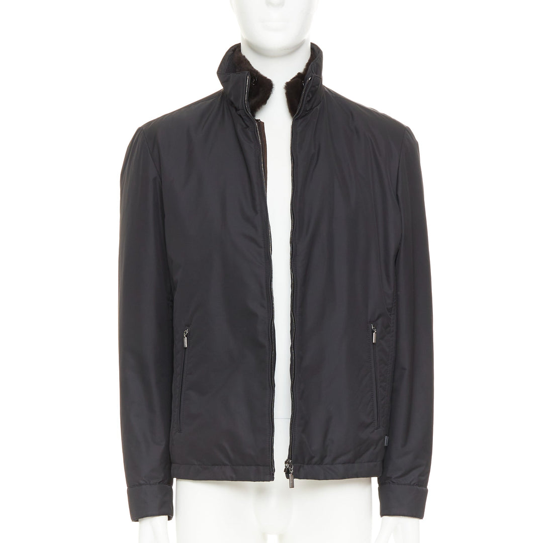 BRIONI black water repellent nylon  plush lined storm jacket M