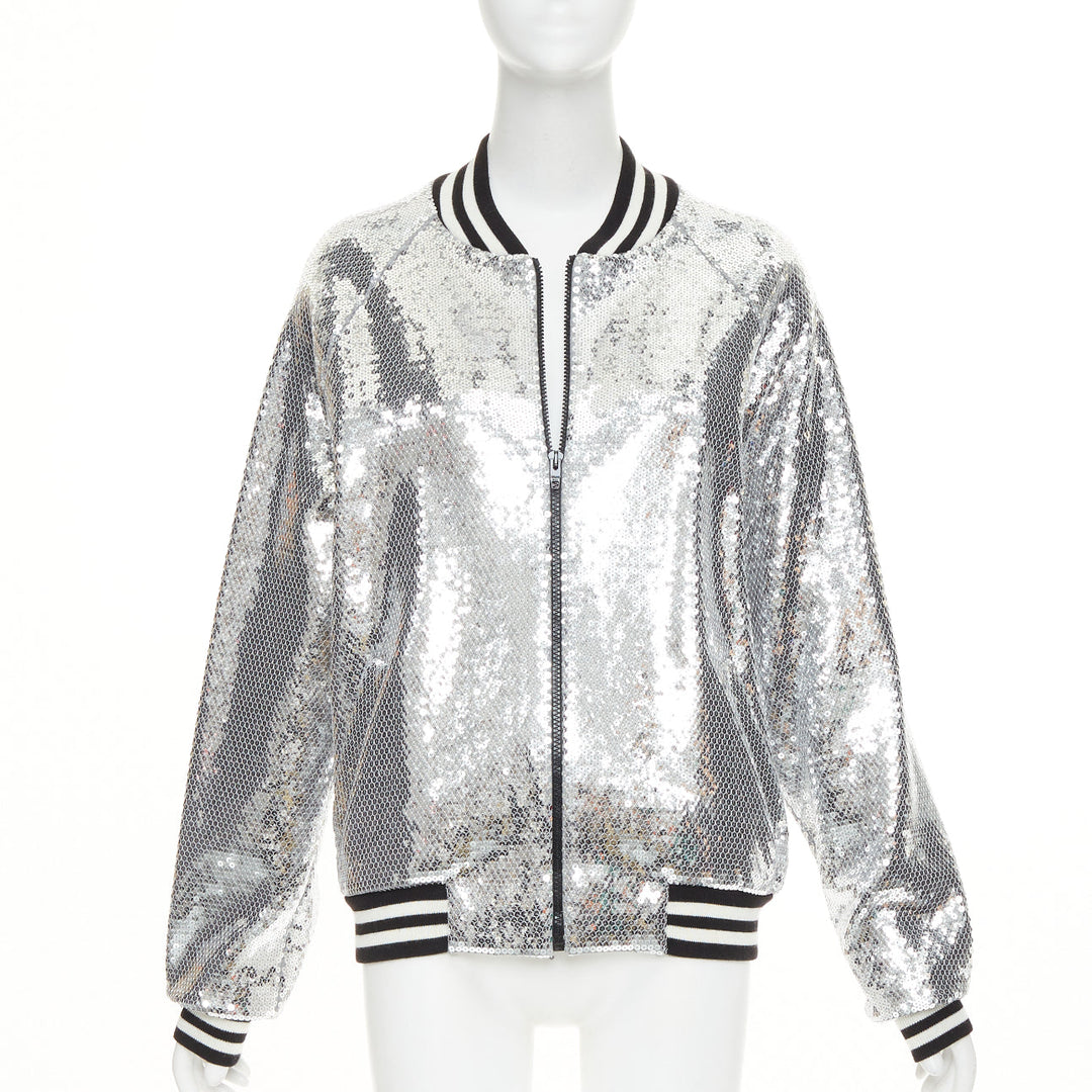 CELINE 2021 Runway silver sequin cotton black white logo teddy bomber jacket XS