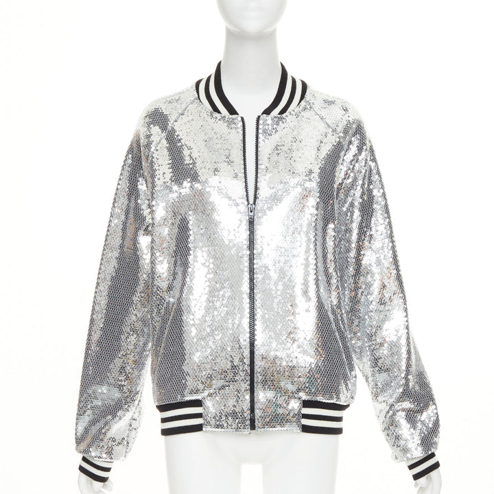 CELINE 2021 Runway silver sequin cotton black white logo teddy bomber jacket XS