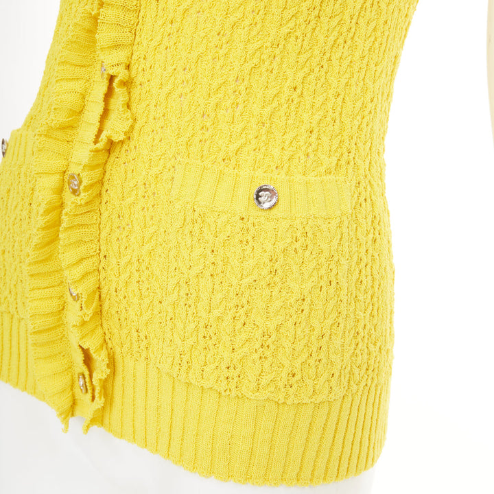 CHANEL 2025 marigold yellow openwork ruffle trim cotton vest cardigan FR34 XXS