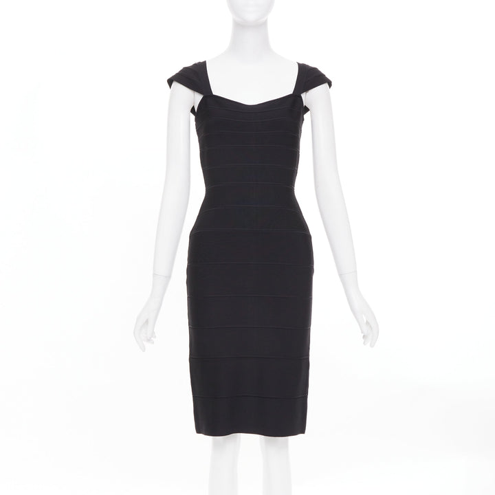 HERVE LEGER Kristen black bandage sculpted shoulder open side bodycon dress S