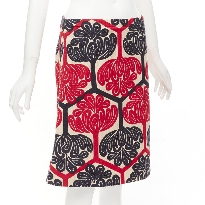 MARNI 2011 red navy cream ethnic print cotton Aline knee skirt IT38 XS