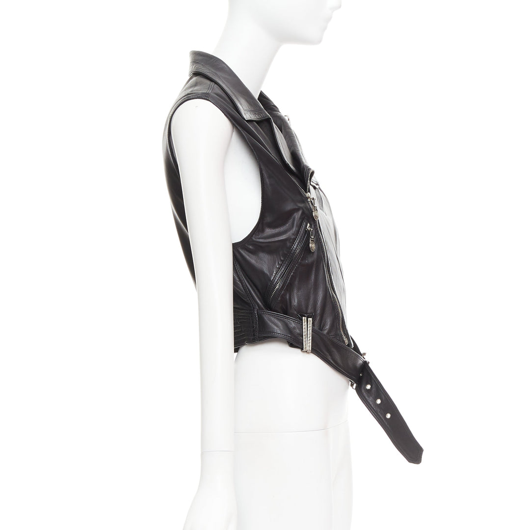 GIANNI VERSACE 1994 Vintage leather medusa safety pin biker vest IT38 XS