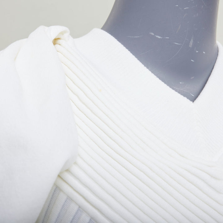 CHANEL 09P white cotton blend chevron puff sleeve CC buttons knit dress FR34 XS