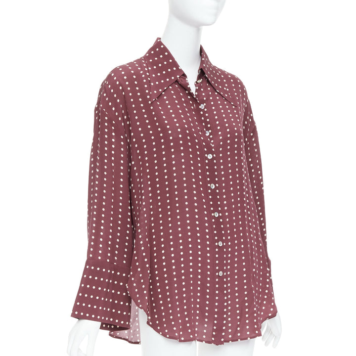 ANTONIO MARRAS 100% silk burgundy polka dot curved hem shirt M