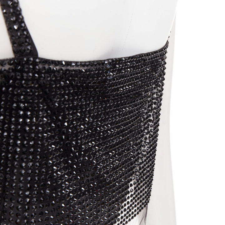 PRADA 2021 black crystal rhinestone mesh space spaghetti strap crop top IT38 XS