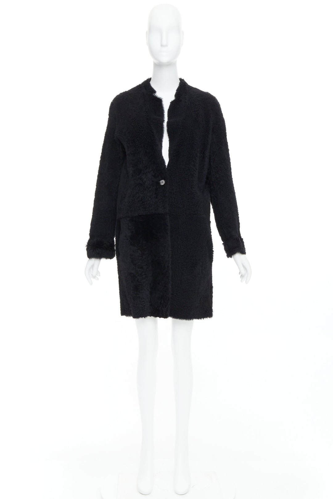 KARL DONOGHUE black lambskin shearling fur single button long coat L